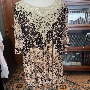 Suzanne Betro Black and Beige Floral Crochet Yoke Blouse